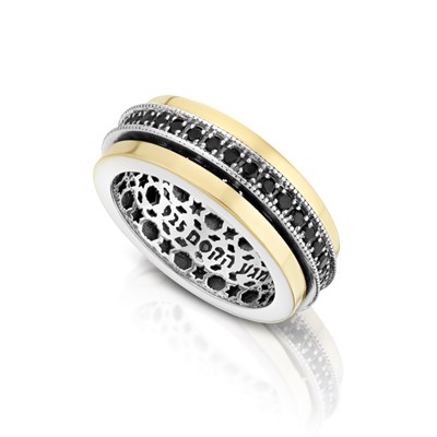 טבעת מסתובבת בעיצוב ייחודי , משובצת , כסף וזהב