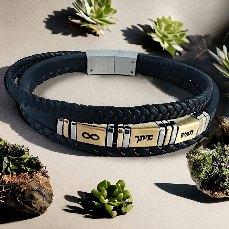 צמיד עור STAINLESS STEEL בשילוב חריטה לבחירה - מוזהב