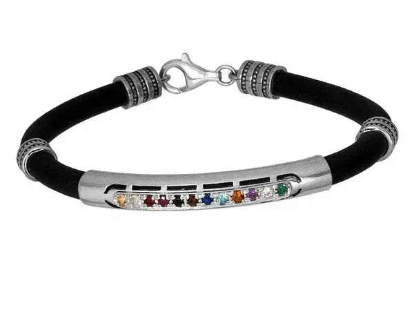 צמיד כסף בשילוב עור, משובץ ב-12 אבני חושן טבעיות