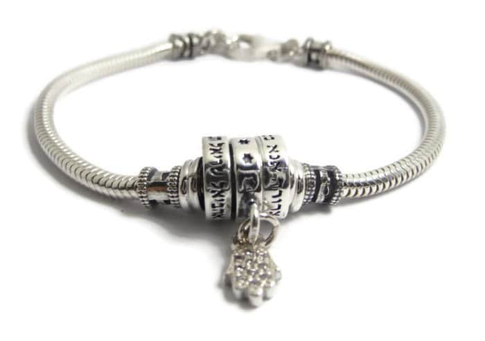 צמיד גלגלי ברכה "מלאכים" ו-"אנא בכח" בשילוב תליון חמסה משובץ תלוי - כסף