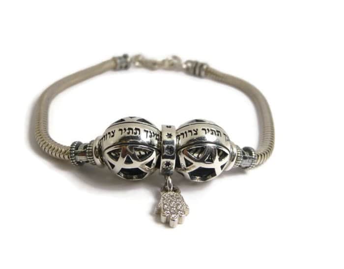 צמיד כדורי 2 כדורי ברכה בשילוב גלגל חמסה משובצת , כסף