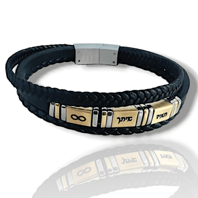 צמיד עור STAINLESS STEEL בשילוב חריטה לבחירה - מוזהב