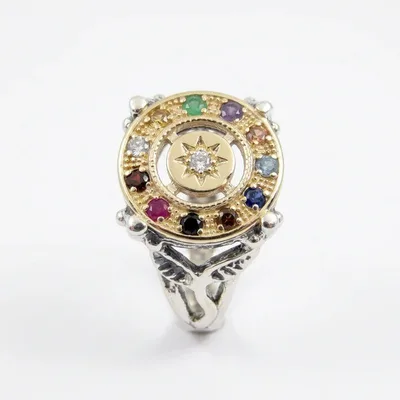 טבעת אבני חושן מרהיבה לאשה על ענפים (יהלום במרכז) , כסף וזהב