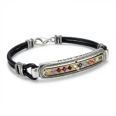 צמיד "מור-יה" אבני החושן, כסף וזהב בשילוב עור