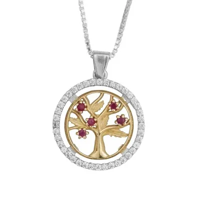 תליון "עץ יוצר החיים" משובץ אבני רובי וזירקונים סביב , כסף וזהב