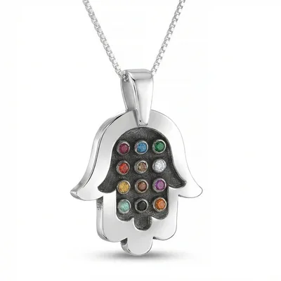 תליון חמסה עם 12 אבני חושן טבעיות – עוצמה רוחנית ויוקרה נצחית